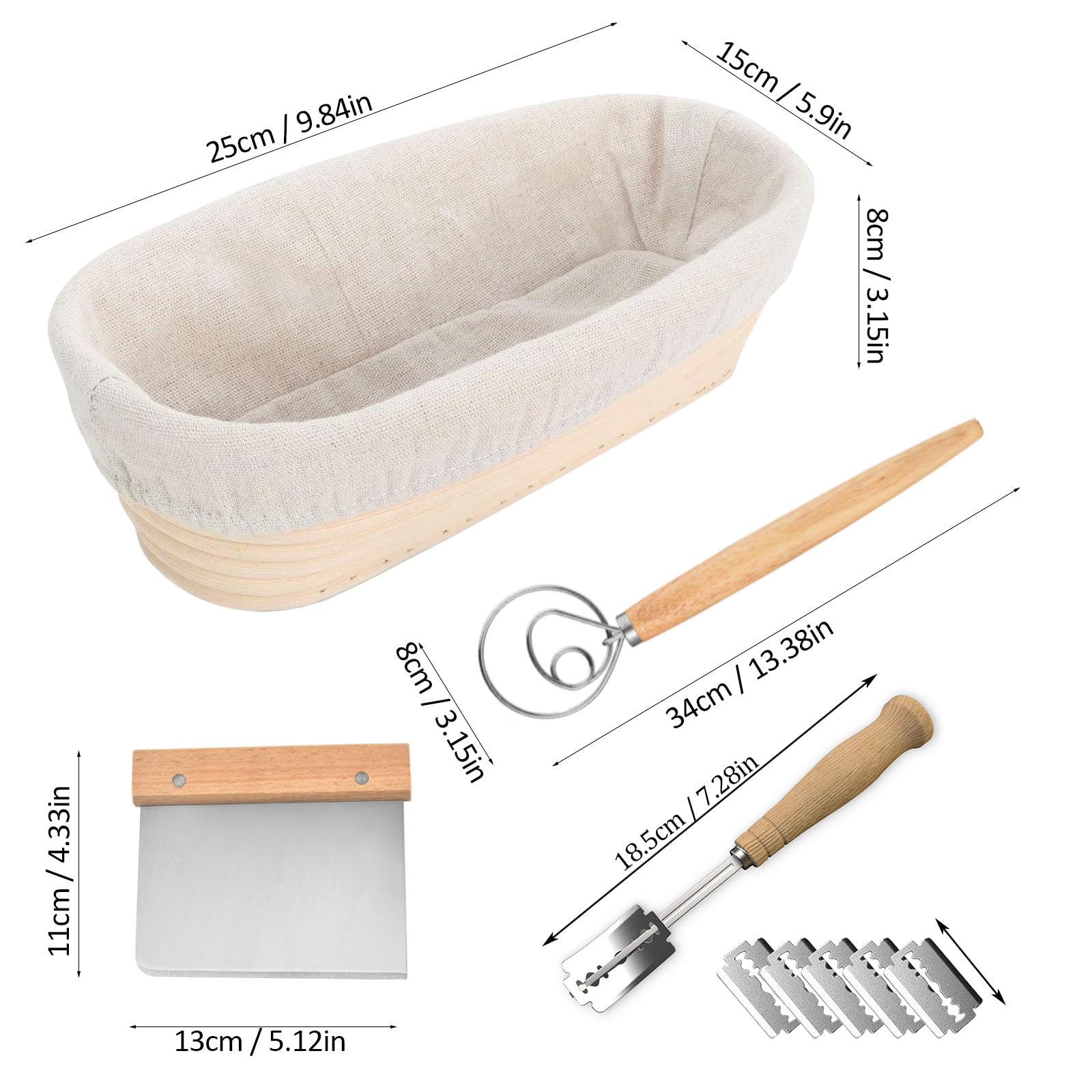 Lot de 2 Paniers à Pain de Ovales,Banneton en Rotin Naturel,Brotform Corbeille Fermentation Imperméabilité,avec Linen Fabric Doublure,Racleur,pour 750g de Pâte,Pizza et Pâtisserie au Levain,25x15 x8cm