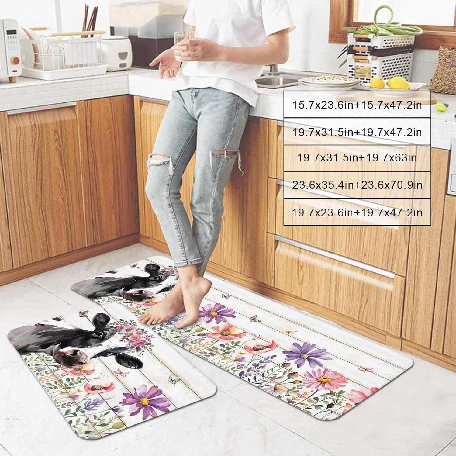 Prime Leader Farmhouse Cow Kitchen Mat Set 2 Pieces Farm Animal Rustic Pink Purple Floral Wooden Non Slip Kitchen Rugs Washable Runner Rug Mats for Sink Laundry (19.7" x 31.5"+19.7" x 47.2")