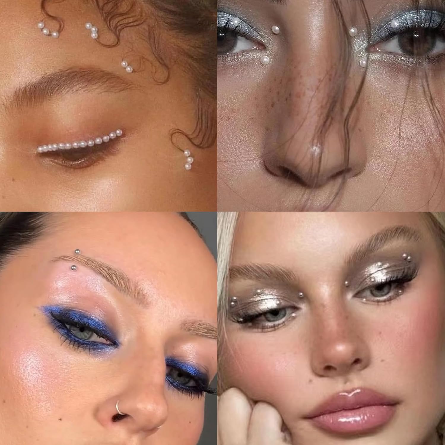 NOOEPC Pearl and Silver Mixed Face Gems Fake Piercings, Fake Lip Ring Fake Nose Ring Fake Eyebrow Piercing Fake Lip Piercing Self-Adhesive Face Sticker Fake Piercing Balls Cool Punk Y2K Makeup