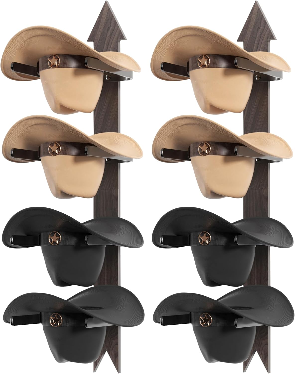 Cowboy Hat Rack for Wall, Cowboy Hat Holder Wall Mount Holds up to 4 Hats, Wooden Western Rustic Metal Hat Hanger with Arrow Sign Board, Hat Organizer for Western Hat, Fedora, Sun Hats (2 pack)