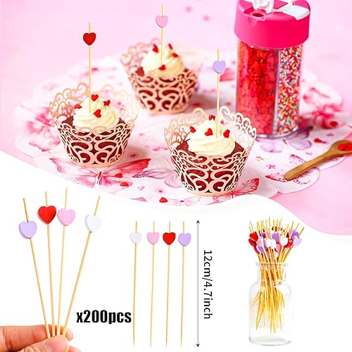 Miniatura 2 de FOIMAS 200 palillos de bambú en forma de corazón, rojo, rosa, morado, para aperitivos, frutas, alimentos, pasteles, día de San Valentín, fiesta,