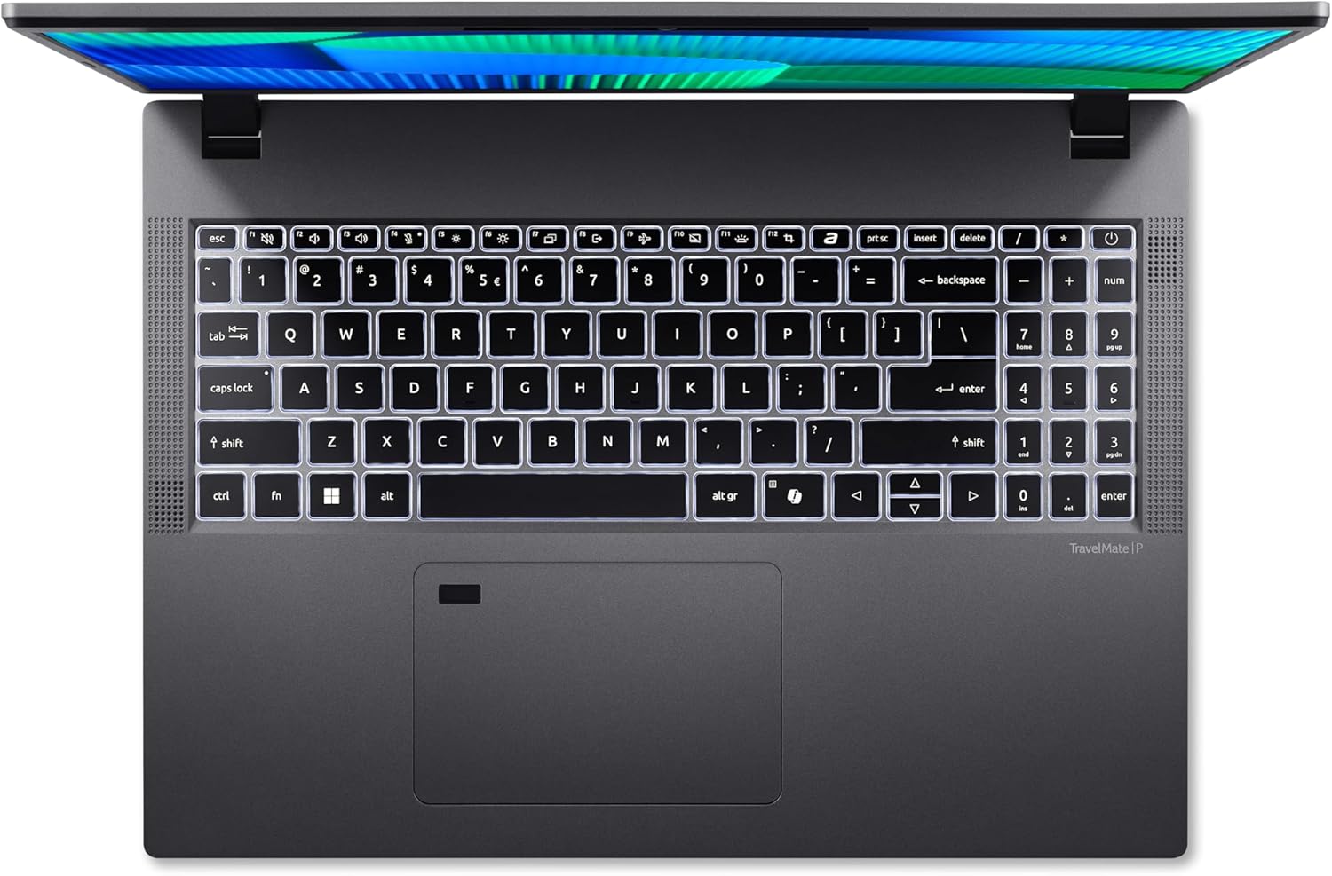 Top-down view of the Acer TravelMate P2 laptop keyboard and touchpad.