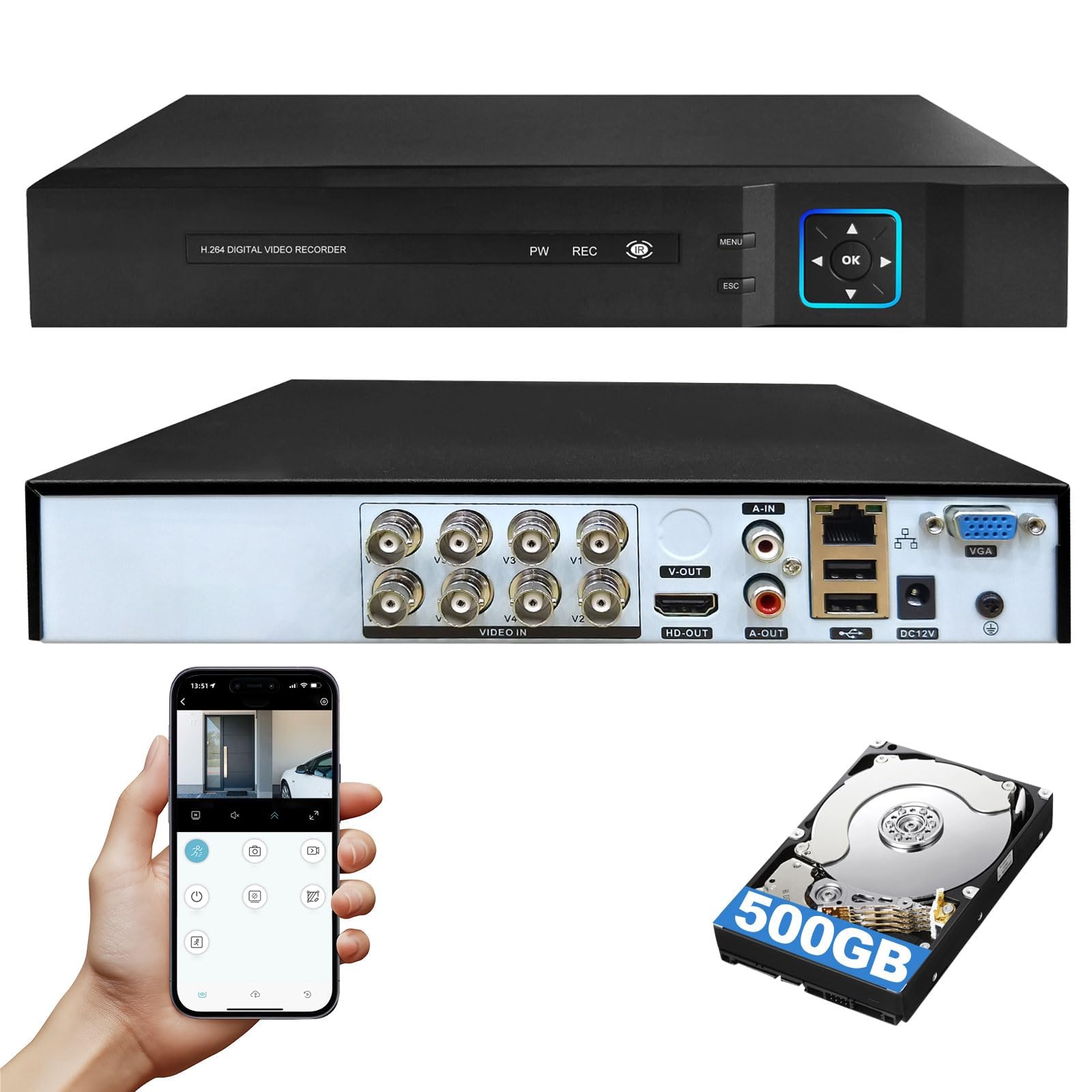 8 Channel Security DVR Recorder With 500GB HDD, 6-In-1 CCTV Recorder With Hard Drive, Supports 8ch Analog Cameras for Camera Home Surveillance System, for Analog AHD, TVI, CVI, CVBS, XVI, IPC 5MP
