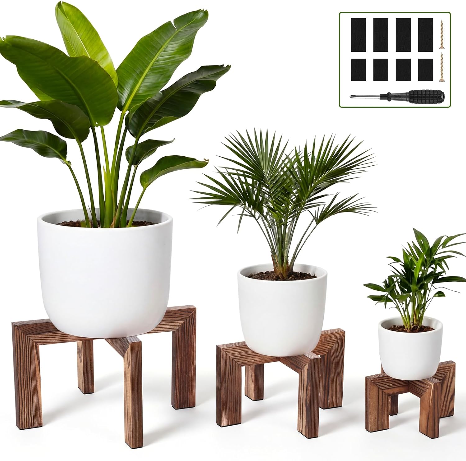 Pinkunn 3 Pcs Wood Plant Stand Indoor Plant Stand for 3-12 Inch Pots Mid-century Modern Plants Stool Plants Pot Holder Home Decor for Balcony Living Room Office Courtyard Detachable(Square Style)