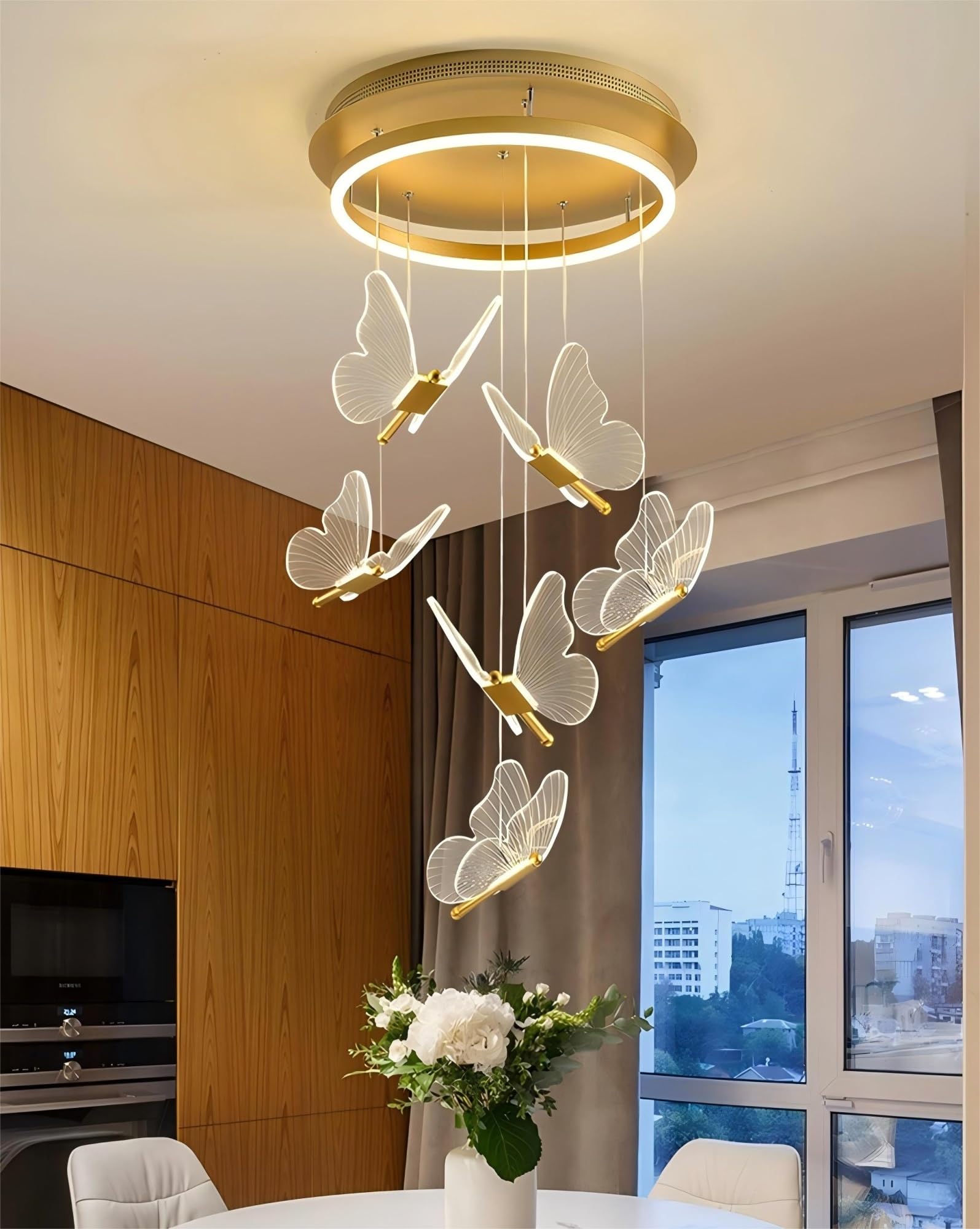Ruirfh Dimmable Modern Stair Chandelier Led Aluminum Butterfly Shape Pendant Light Gold Interior Decoration Lighting Fixture Nordic Style Suitable For Living Room Villa Hotel Cloakroom Chandeliers(Dim