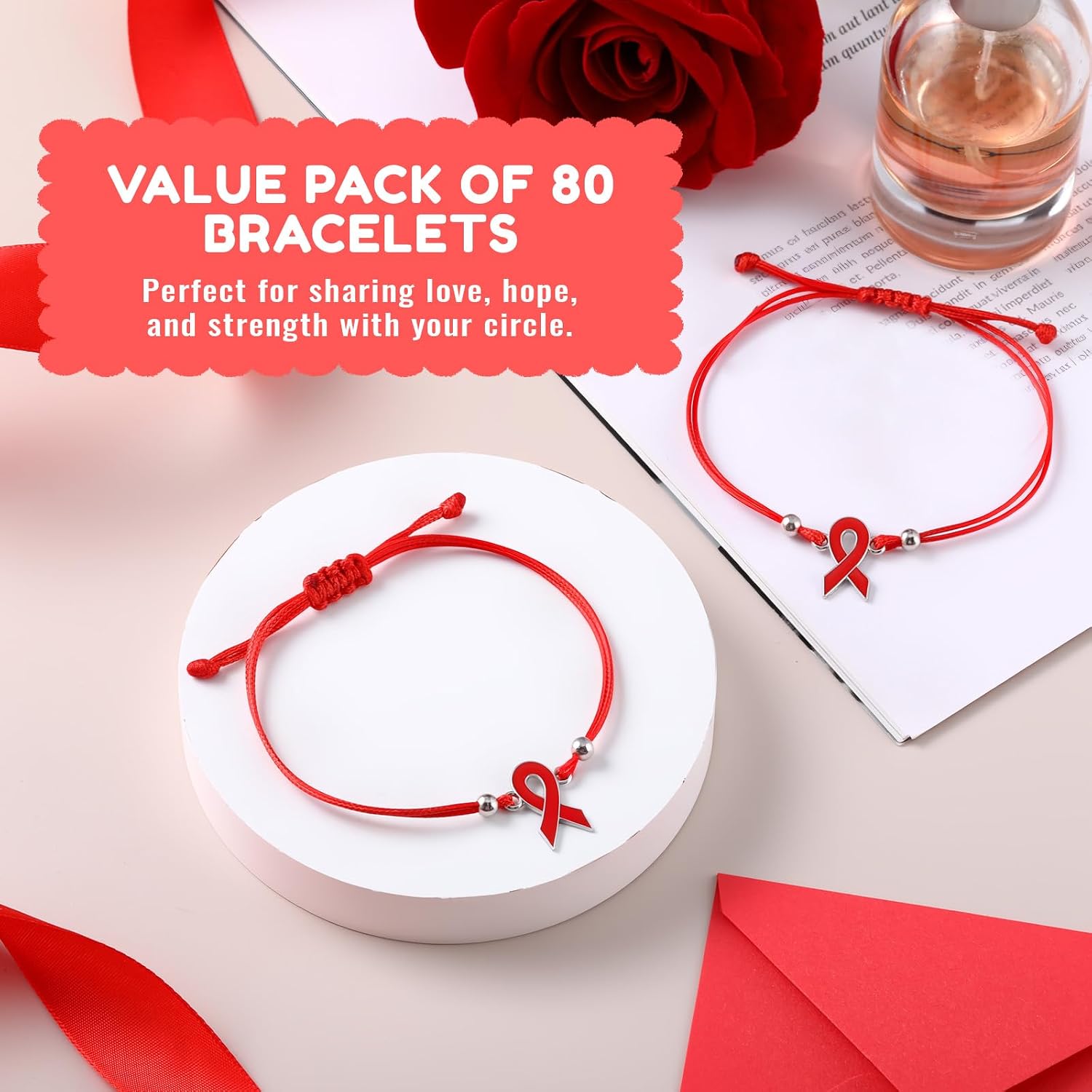 Huquary 80 Pcs Red Ribbon HIV Aids Awareness Bracelet Bulk Adjustable Blood Cancer Heart Disease Tuberculosis Bracelets Cord Gifts for Red Ribbon Week Cancer Survivor Fighter Charity Party Favors