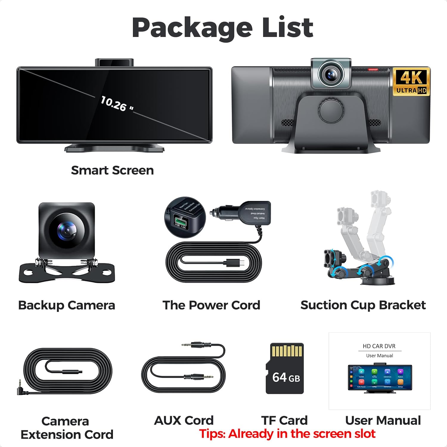 10.26" Wireless Apple CarPlay Android Auto Car Screen - Secure Strong Bracket, 4K Dash Cam, GPS Navigation, HD Touchscreen, AirPlay, Car Stereo, Fits All Vehicles