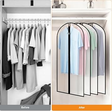 6 Pack Garment Bags, 40in PEVA Suit Bags Clothes Covers, Black Edge | Waterproof Dustproof Protection, Full Zip, Reusable, Translucent Design, For Dresses, Coats, Suits, Home or Travel