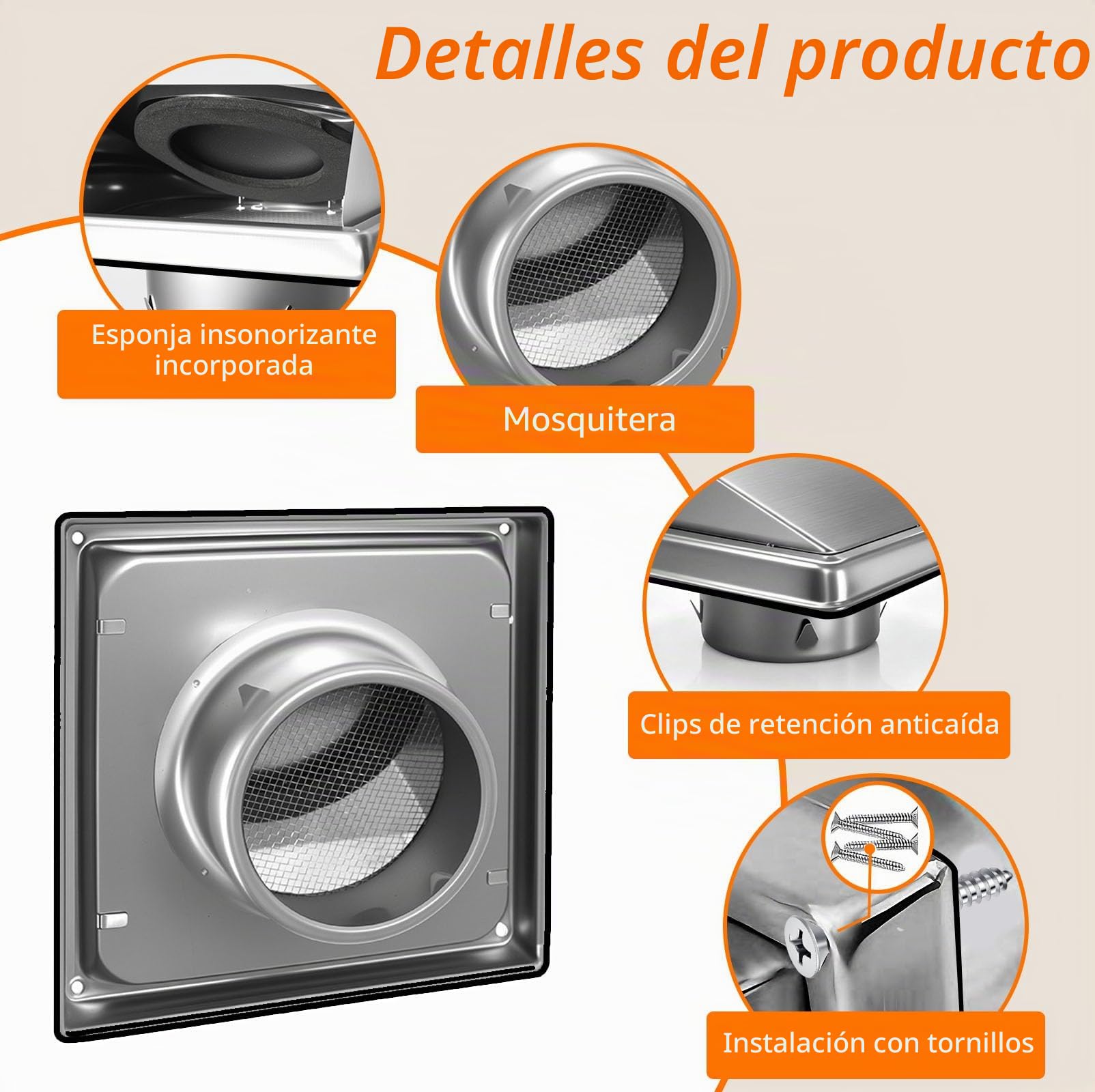 rejilla de ventilación de acero inoxidable de Φ150 mm, con red a prueba de insectos, rejilla de ventilación de conducto circular adecuada para conductos del sistema de ventilación mecánica