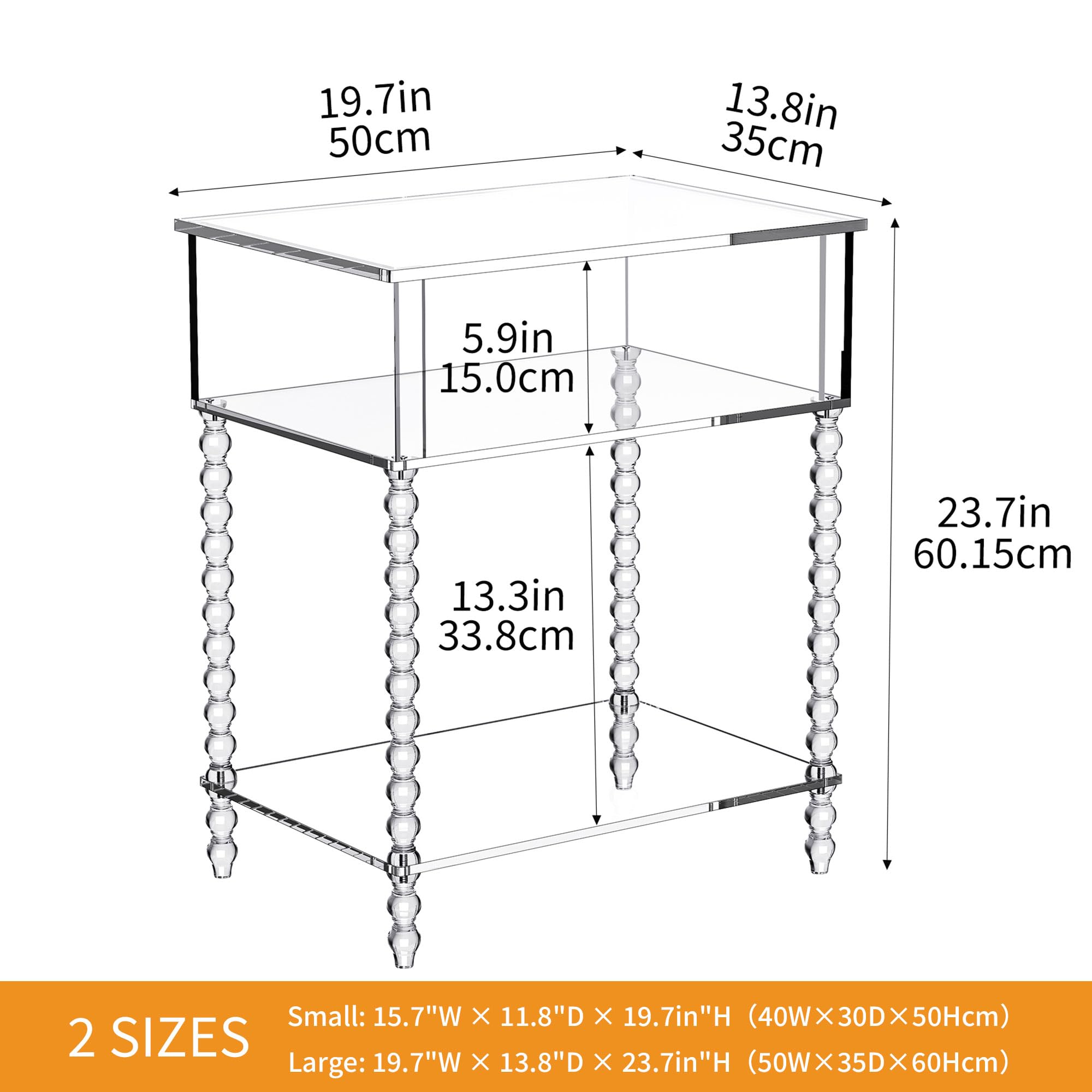 Mesa auxiliar de acrílico, mesa auxiliar transparente de 3 niveles con almacenamiento, mesita de noche para sala de estar, dormitorio, oficina (transparente, 19.7 x 14 x 24 pulgadas)