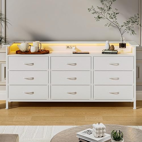 Miniatura 3 de White Dresser for Bedroom with 9 Drawers, Long Dresser TV Stand with LED Lights & Charging Station, Fabric Chests of Drawers for Closet Entryway