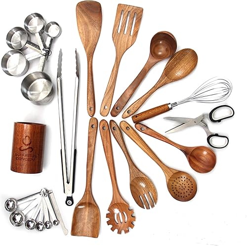 Juego de utensilios de cocina  Juego de 25 utensilios de madera  Cucharas de madera antiadherentes para cocinar  Juego de utensilios de cocina de