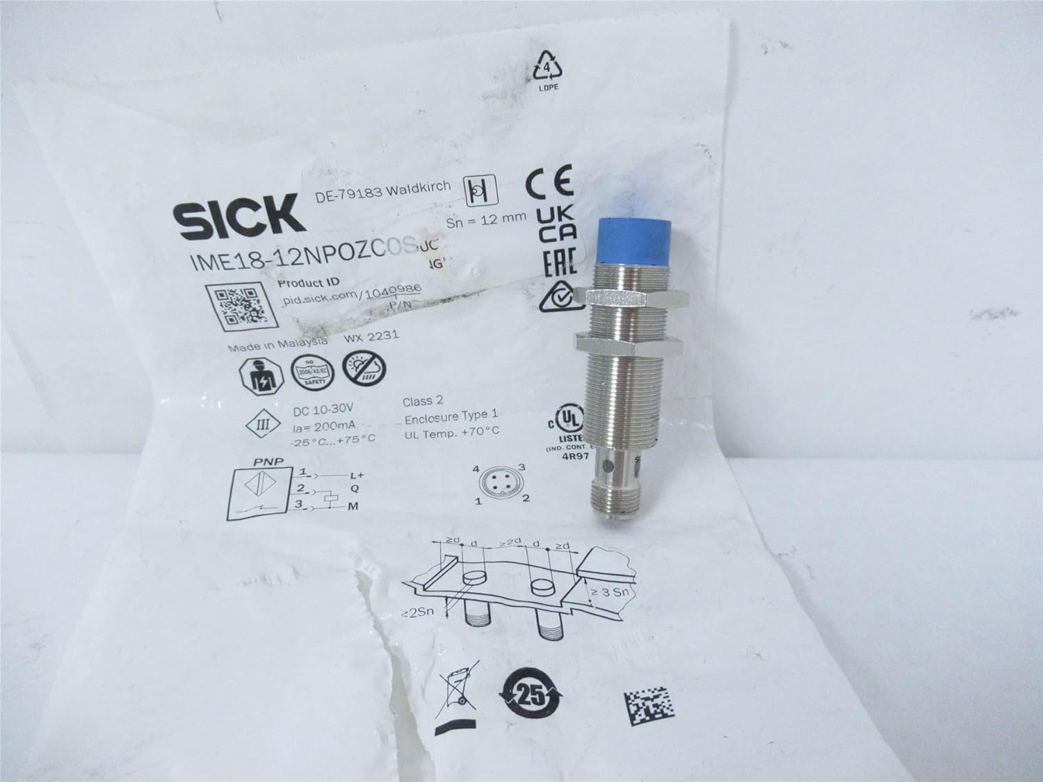 SICK IME18-12NPOZC0S 12 MM SENSING RANGE, BRASS NICKEL-PLATED MOUNTING NUT (2X), INDUCTIVE, M12 X 1 MALE 4-PIN CONNECTOR, NC, NON-FLUSH, Ø 18 MM, PNP SWITCHING OUTPUT, PROXIMITY, SENSOR, STANDARD HOUS