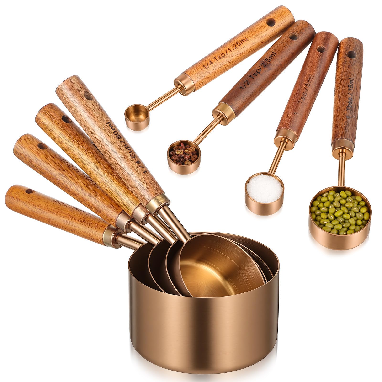 Toyvian Ensemble de 8 cuillères à mesurer en acier inoxydable, manches en bois, pour la cuisine et la préparation des repas, fonction empilable, marquages visibles, compatibles