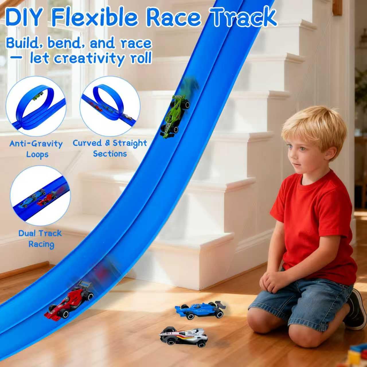 DONGTATA 4M Flexible Racing Track Set DIY Car Track with 4 Cars, Car Race Track with Suction Cups - Image 2