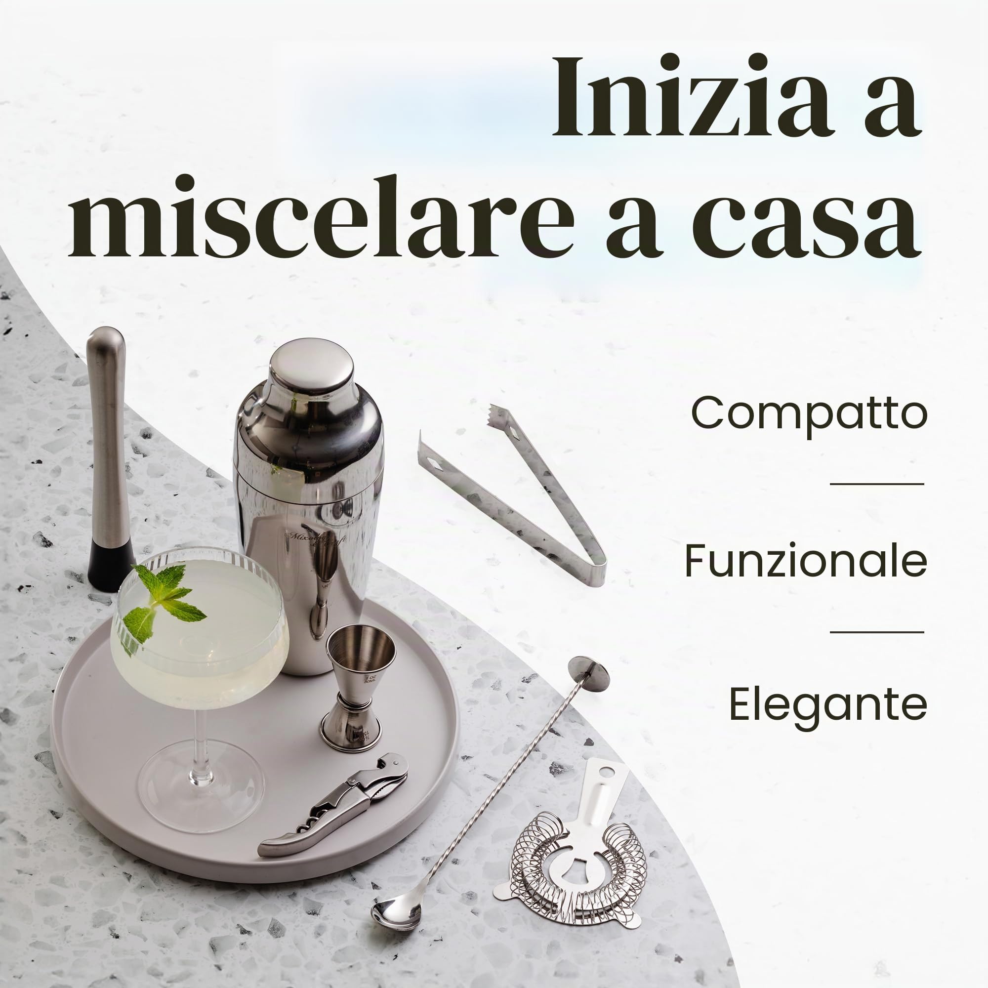Mixology - Set shaker per cocktail, 10 pezzi, kit per la preparazione di cocktail, kit da barista in bambù con cucchiaio, shaker Boston, altri strumenti per mescolare bevande, Martini, Mocktail - Set