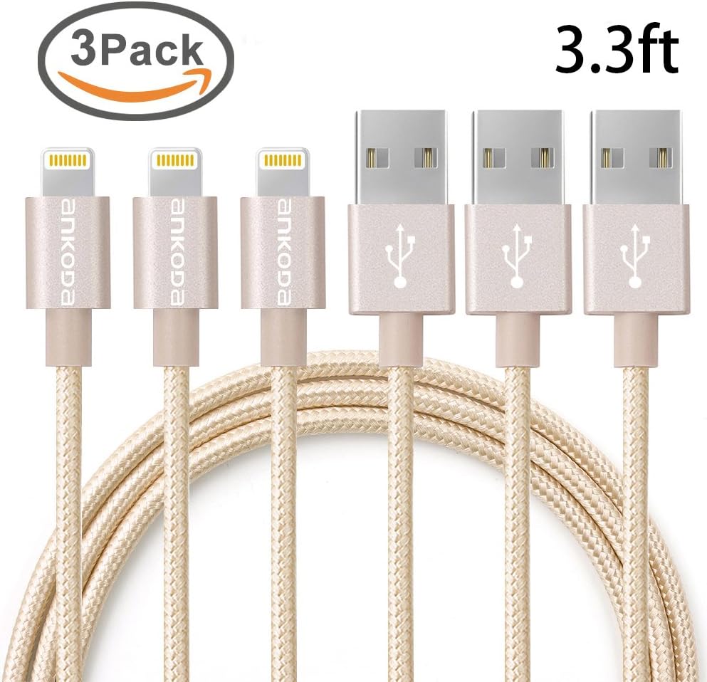 Ankoda® 3Pack 3.3ft/1M Nylon Braided Lightning to USB Cable, Lightning Data Sync & Charge USB Cable for iPhone SE 6S 6S Plus 6 6Plus 5S 5C 5, iPad Air Air 2 mini2 mini3 4th, iPod Nano, iPad Pro and More (Gold)