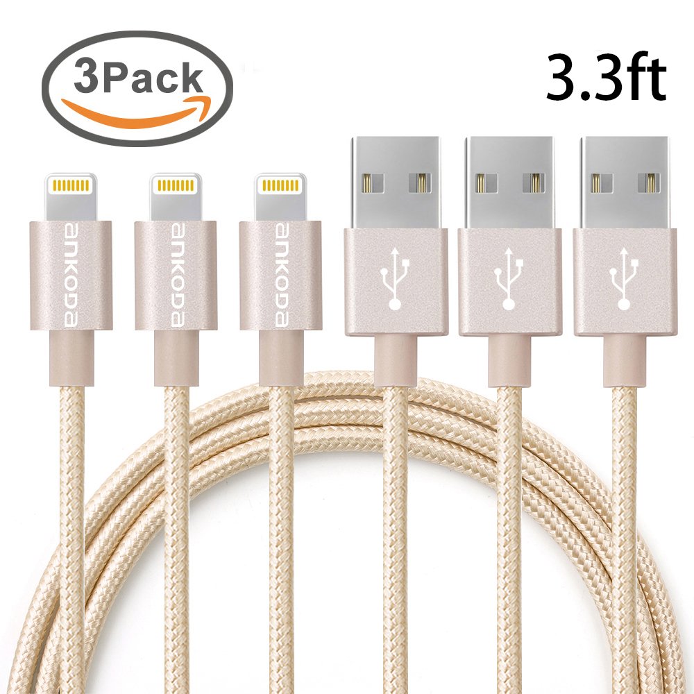 Ankoda® 3Pack 3.3ft/1M Nylon Braided Lightning to USB Cable, Lightning Data Sync & Charge USB Cable for iPhone SE 6S 6S Plus 6 6Plus 5S 5C 5, iPad Air Air 2 mini2 mini3 4th, iPod Nano, iPad Pro and More (Gold)