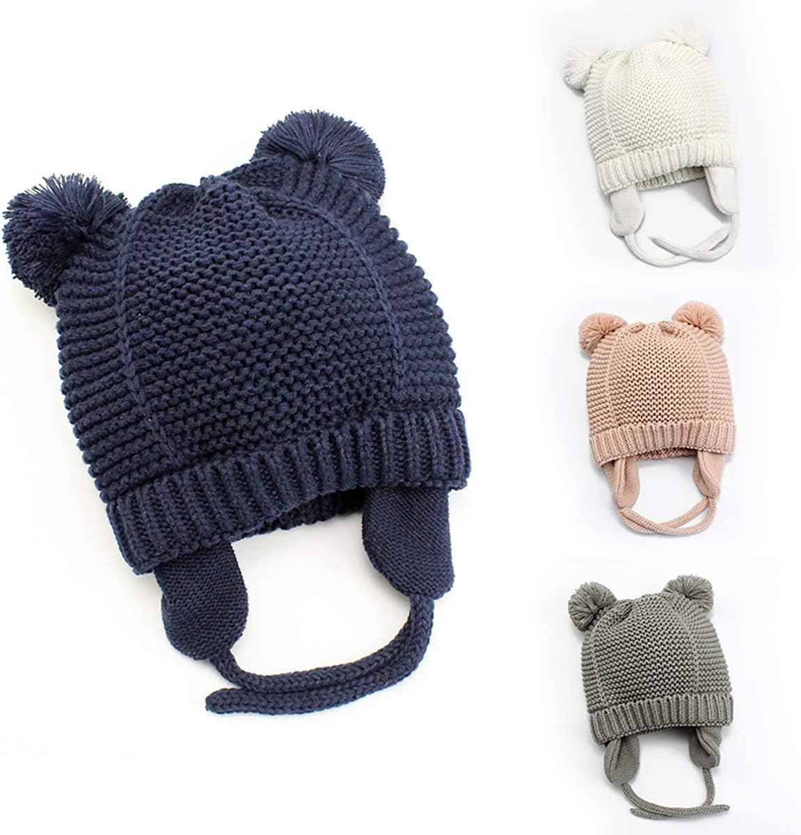 Winter Knitted Earflap Baby Hat, Cute Toddler Beanie Pompom Hat Cap Warm Wool Fleece Earmuffs Hat