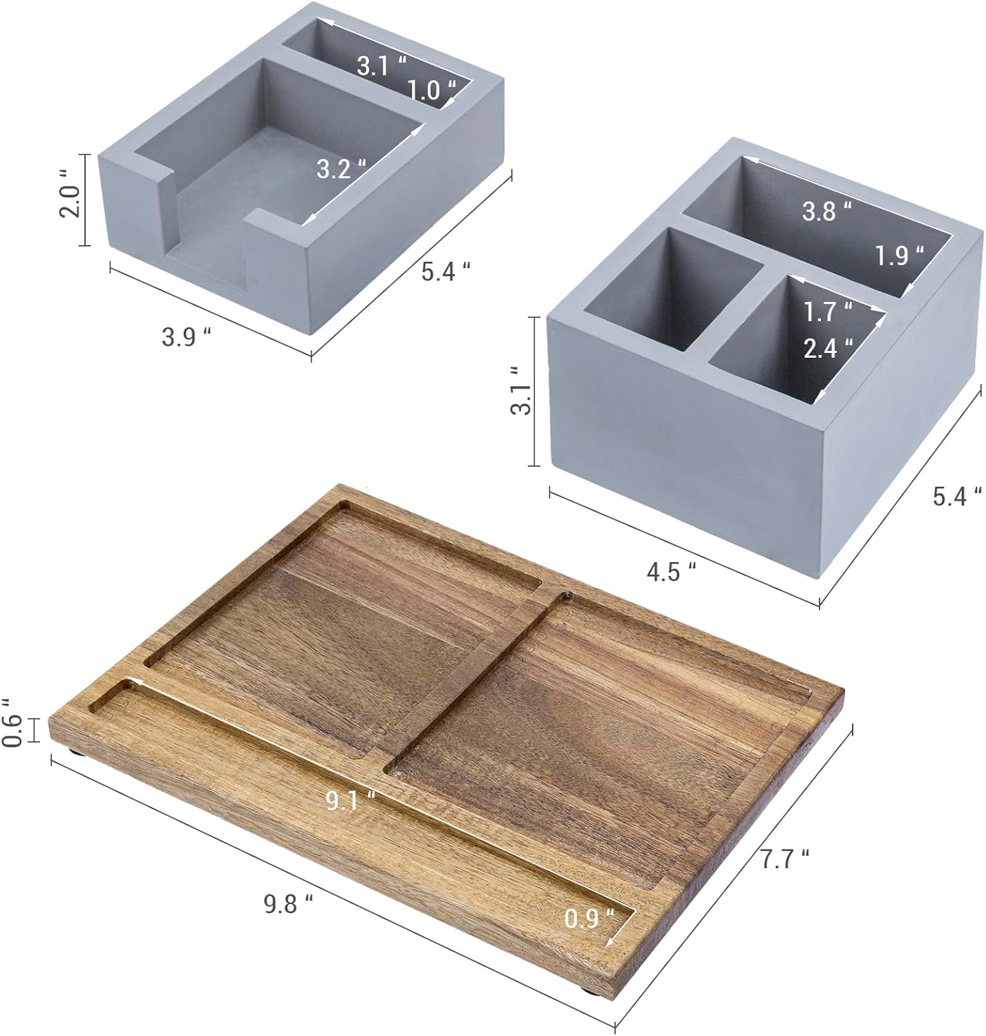MyGift Desk Tray Concrete Desk Organizer Office Desktop Pen Holder Sticky Note Storage & Acacia Wood Tray – 3-Piece