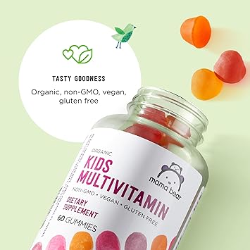 Amazon Brand - Mama Bear Organic Kids Multivitamin Gummies, Berry, Cherry & Orange, 60 Count, 1 Month Supply (Packaging May Vary)