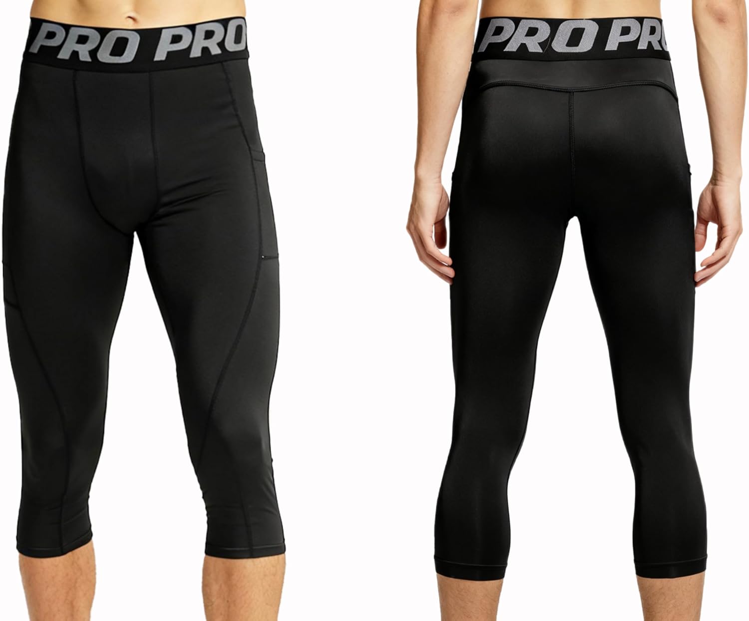 Men's 3/4 Compression Pants Athletic Capri Running Tights with Pockets Football Workout Leggings Base Layer 3 Pack - Image 2