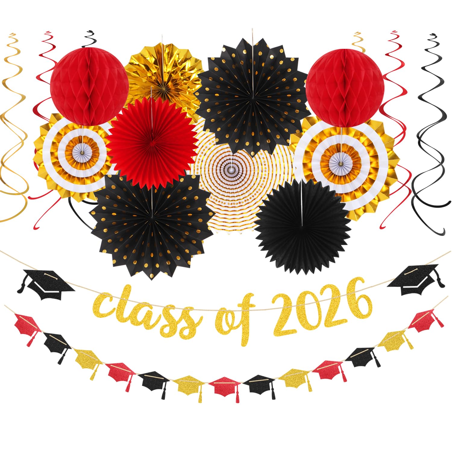 Red-Black Gold Party-Decorations Graduation Banner-Streamers - 18pcs Kits Class of 2026 Garland, Paper Tissue Pom Poms Fan, Honeycomb Lanterns Congrate Grad Congratulations Decor Panduola