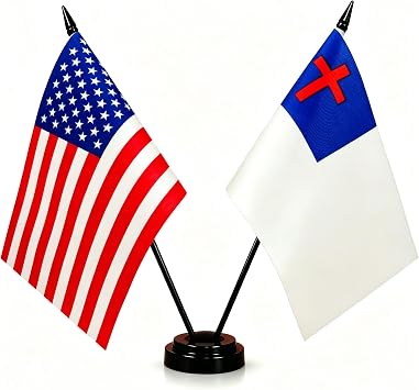 America & Christian Twin Desk Flag, US Table Flags - 8 x 5 Inches Deluxe Set with Stand