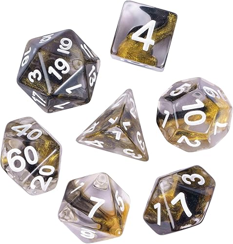 Miniatura 2 de DND - Juego de dados poliédricos RPG de 7 piezas para juegos de rol D&D (mezcla dorada, negro)