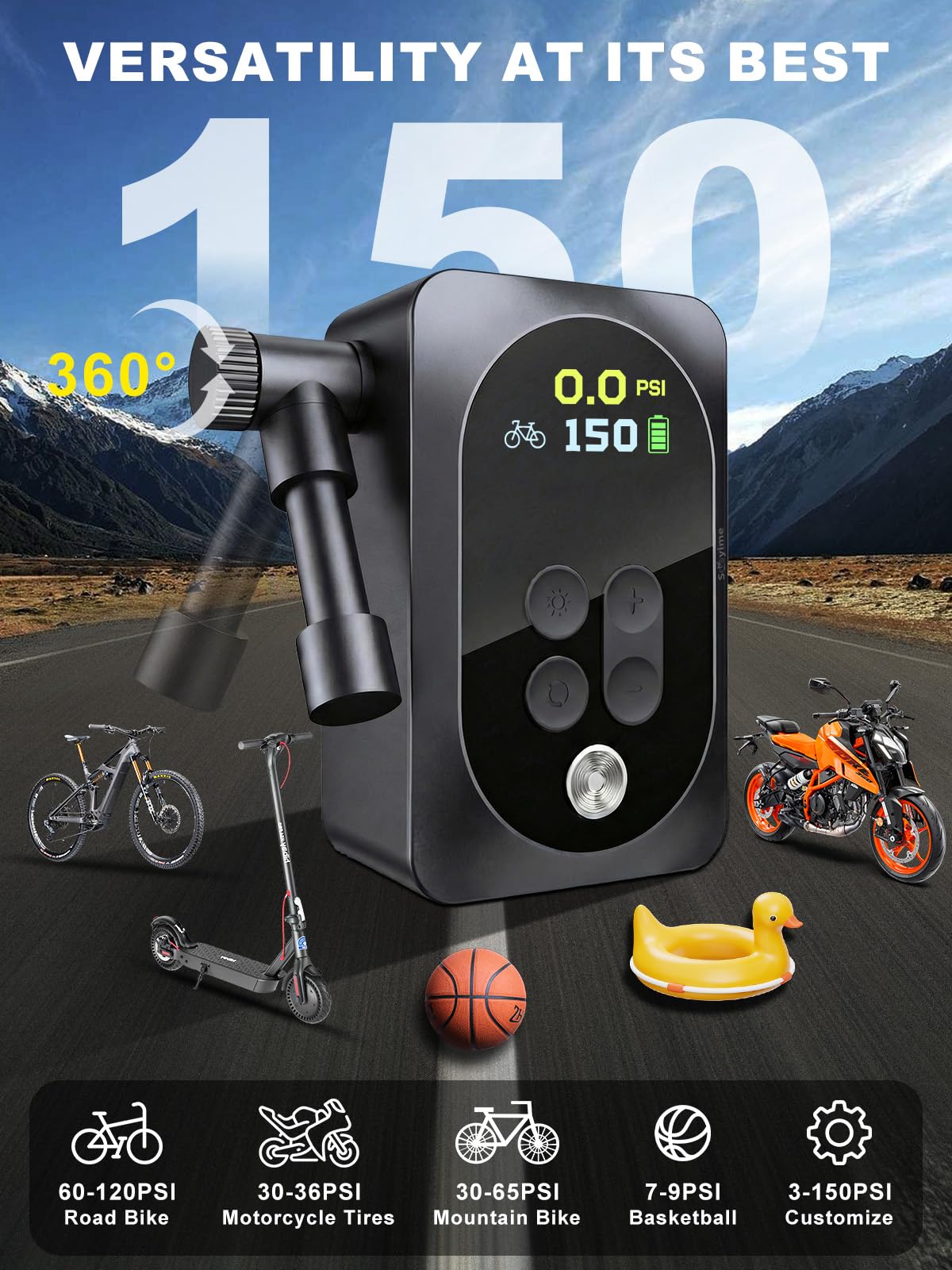 Mini pompe à vélo électrique portable 150 PSI avec jauge précise, arrêt automatique, gonflage rapide pour valves Presta et Schrader – Convient pour vélos, motos, ballons de sport