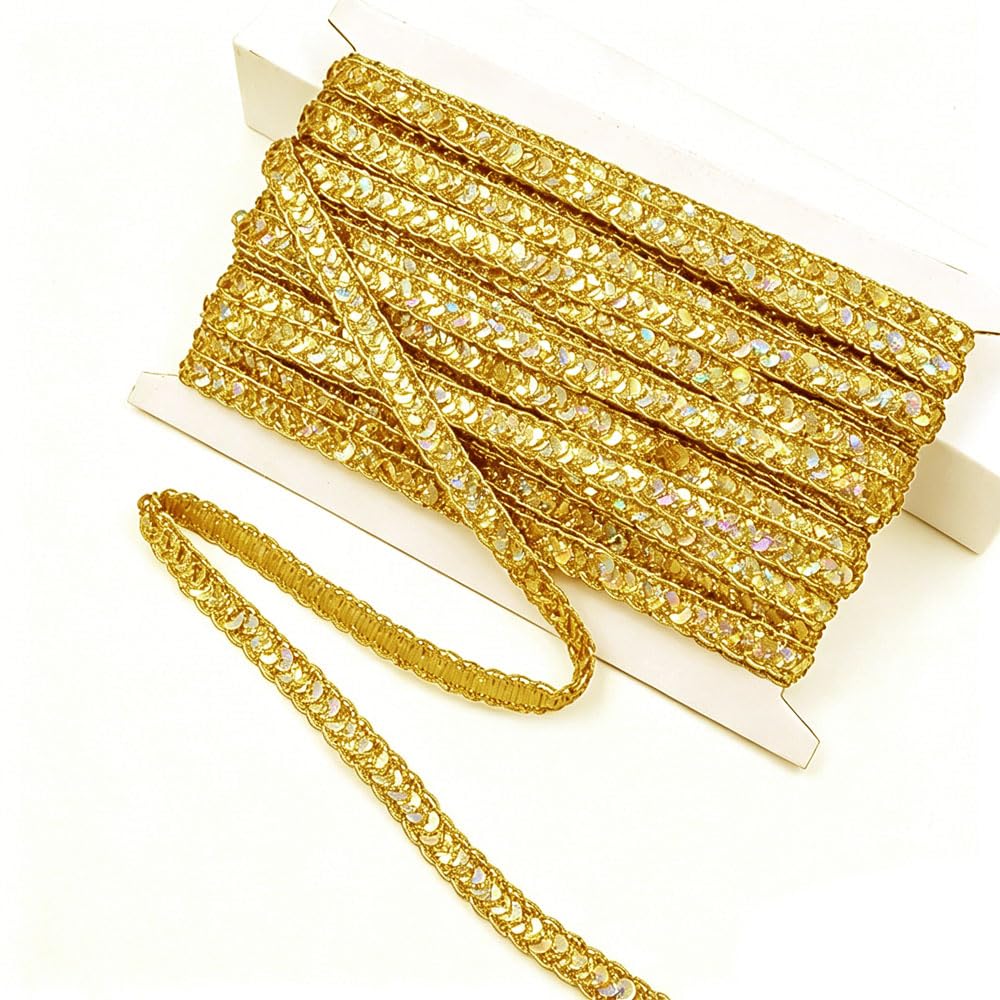1cmx12m Gold Sequin Trim, Glitter Sequin Braid Trim Flat Paillette Fabric Ribbon for Sewing Crafting