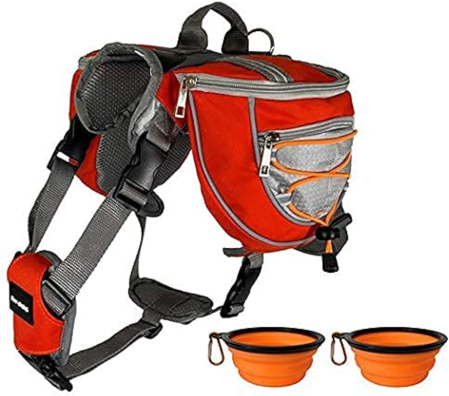 Saddlebag Back Pack & Harness Combo for Dogs 30-100+ lbs. Perfect for Travel, Trail Hiking, & Camping. Reflective, Lightweight, & Comfortable. Comes with Two Collapsible Bowls (Medium, Orange)