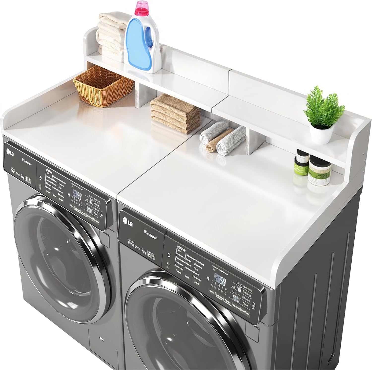 54" W x 27.5" D Washer Dryer Countertop, Laundry Wood Shelf Topper with Edge, 2-Tier Organizer for Washer and Dryer Laundry Hamper Counter Storage Organization, Large Space, Walnut