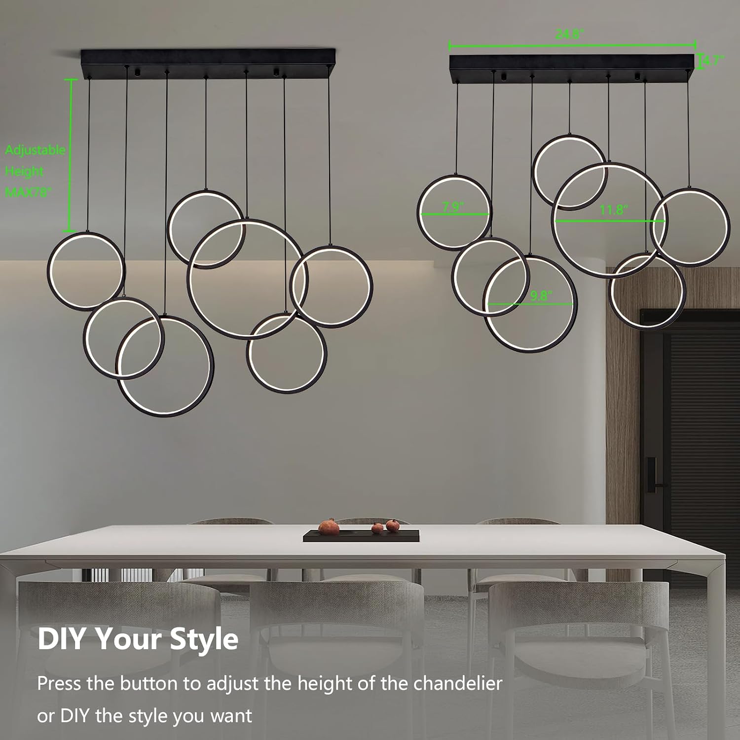HuisMier Modern LED Chandelier, 7 Rings Dimmable Chandelier with Remote Control, Black Pendant Light Adjustable Height Hanging Ceiling Light Fixture for Dining Room Foyer Staircase Living Room