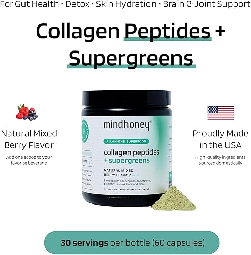 Miniatura 3 de MINDHONEY  Péptidos de colágeno + súper verdes  Polvo de superalimento todo en uno de primera calidad  Salud intestinal, desintoxicación, cabello y