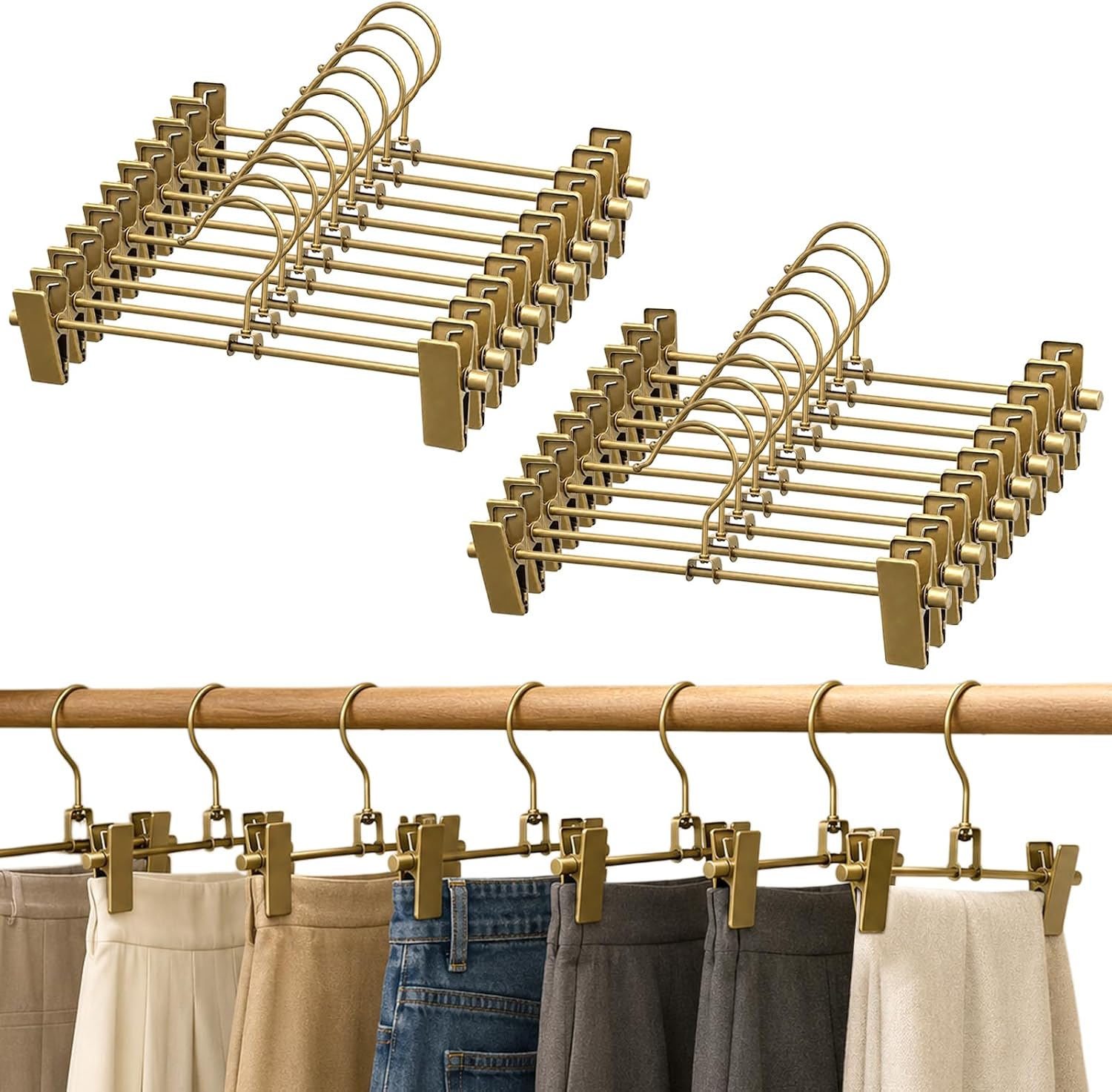 20 PCS Gold Pants Hangers with Clips - Sliding Skirt Hangers, Metal Pants Hanger with Adjustable Clips, Non-Slip Protective Pads for Trousers Slacks Jeans Scarf, Sturdy Space Saving Closet Storage