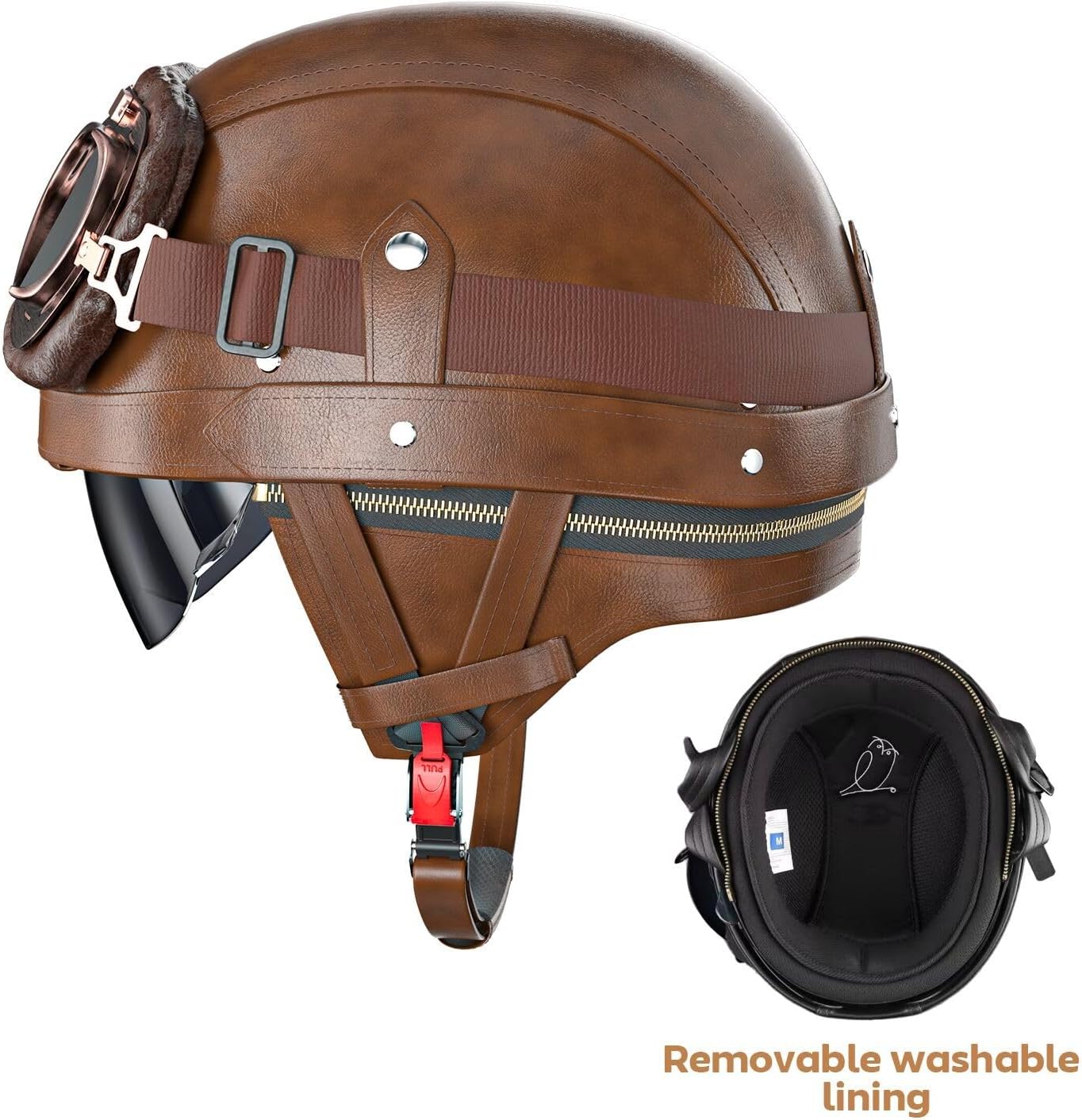 German Style Motorcycle Helmet - DOT Approved Vintage Leather Novelty Half Helmets for Motorcycle with Goggles/Visor, Removable Lining/Earmuffs, for Cruiser Scooter Chopper Moped, for Adults Men Women
