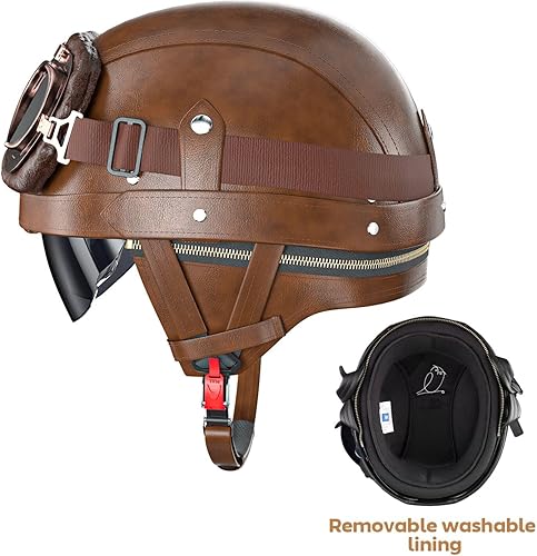 Miniatura 2 de Casco de motocicleta de estilo alemán, aprobado por DOT, de cuero, vintage, novedoso, medio casco para motocicleta con gafasvisera, forro