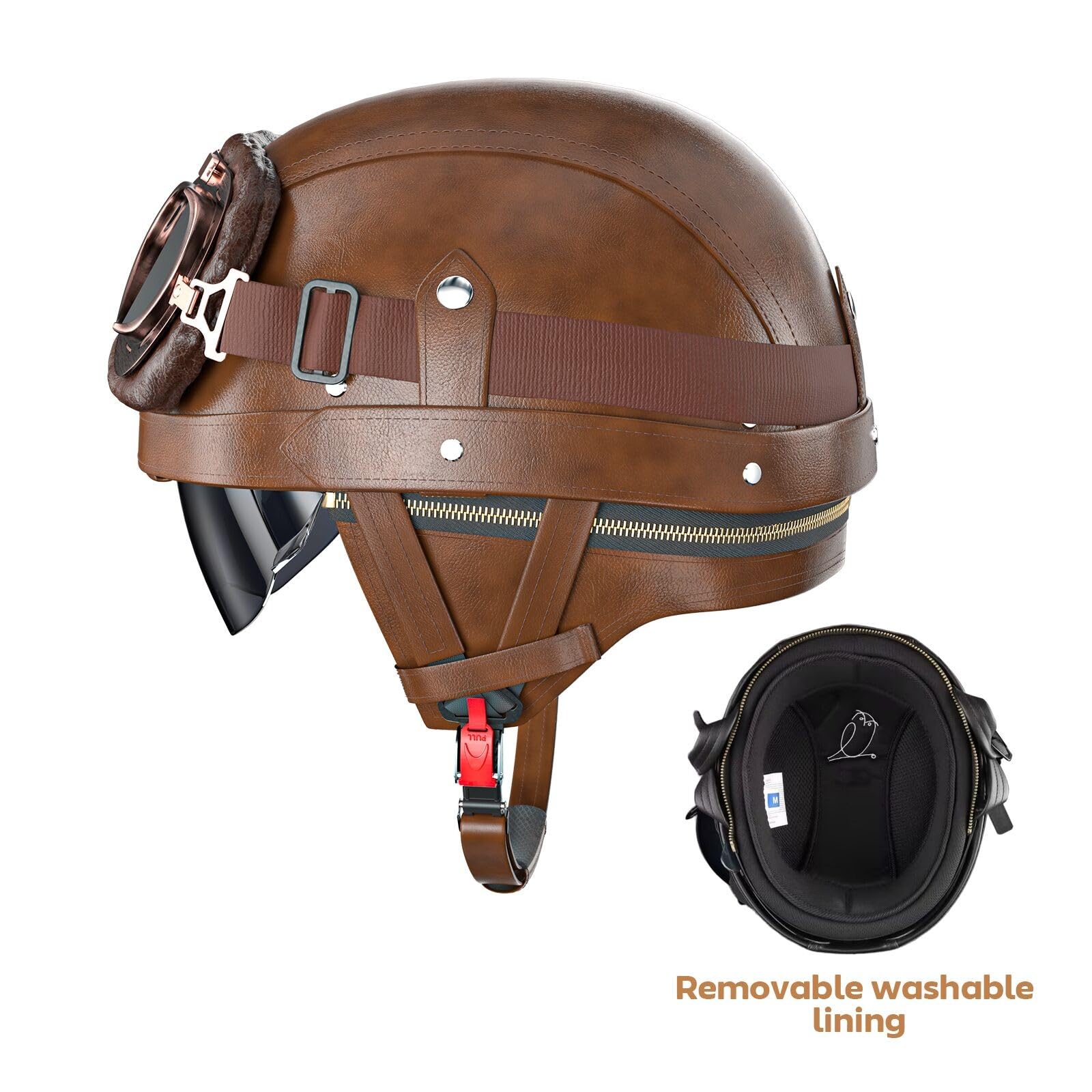 German Helmet Leather Vintage Motorcycle Half Helmet DOT Approved Retro Motorcycle Helmets with Goggles and Visor, Removable Lining/Earmuffs, for Bicycle Cruiser Scooter Chopper, for Adults Men Women