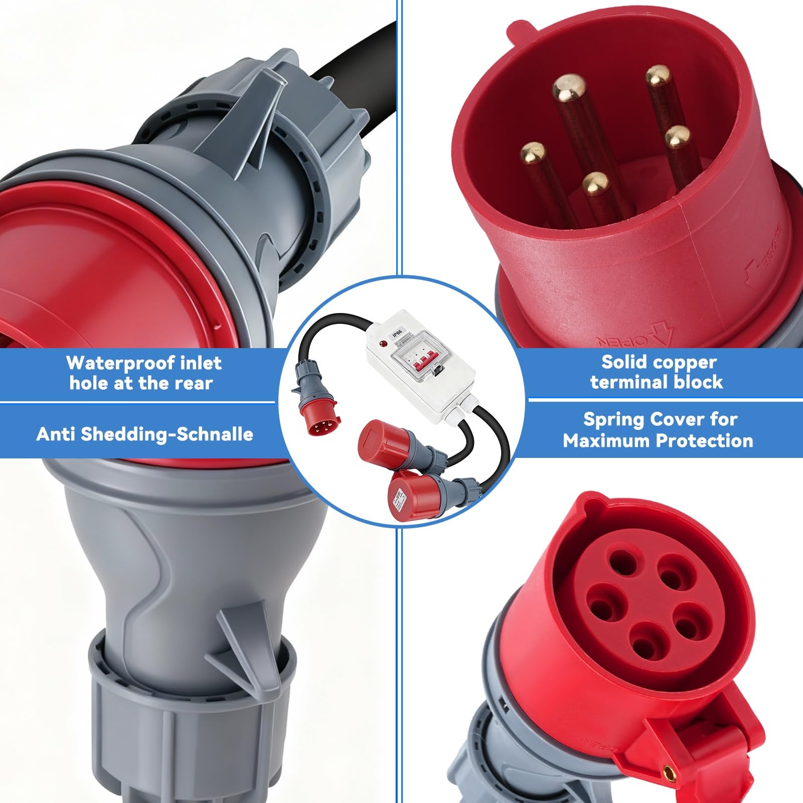 Adattatore da 32 A a 16 A x2 con Interruttore Automatico, 5 poli IP66 Pesante Adattatore 16 A ad alta Corrente e alta Tensione con indicatore LED, per Roulotte, Industria
