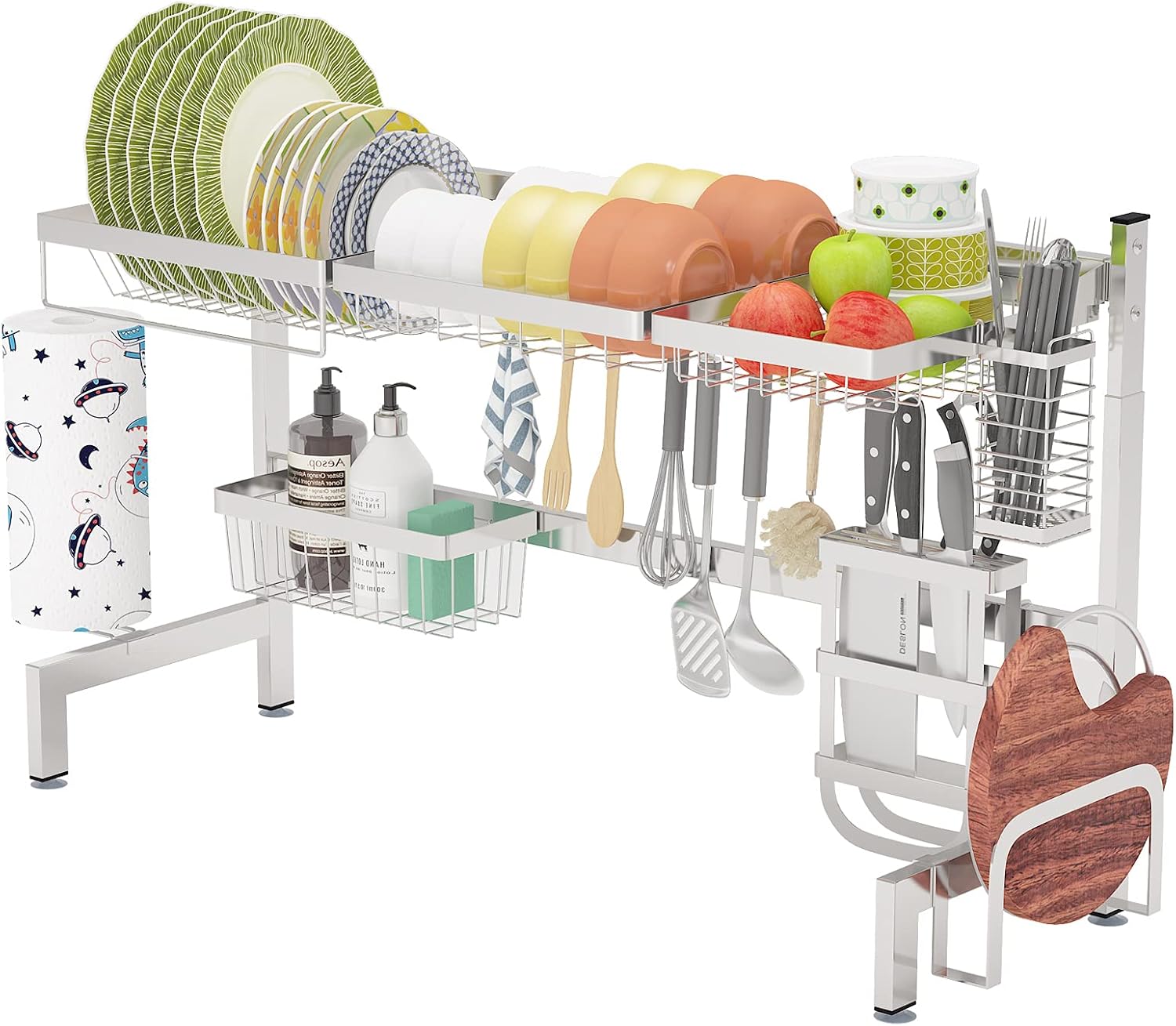 Over Sink Dish Drying Rack, 9-in-1 Above Sink Dish Holder, 1Easylife Kitchen Storage Rack, Adjustable Height & Width 2-Tier Countertop Space Saver Shelf Stainless Tableware Dish Drainer