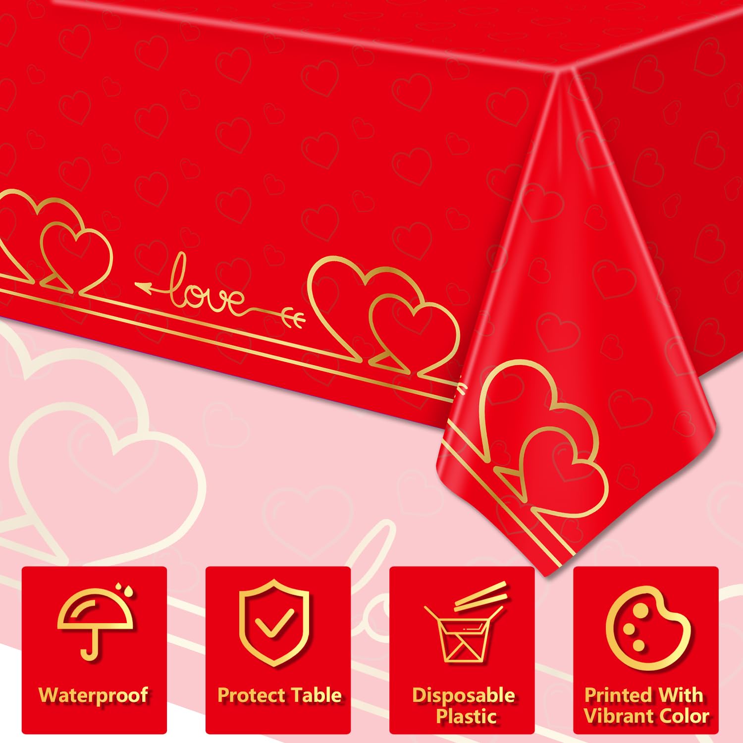 4 Pack Valentine's Day Tablecloths - Red Heart Iridescent Plastic Table Covers 51x87 Inches