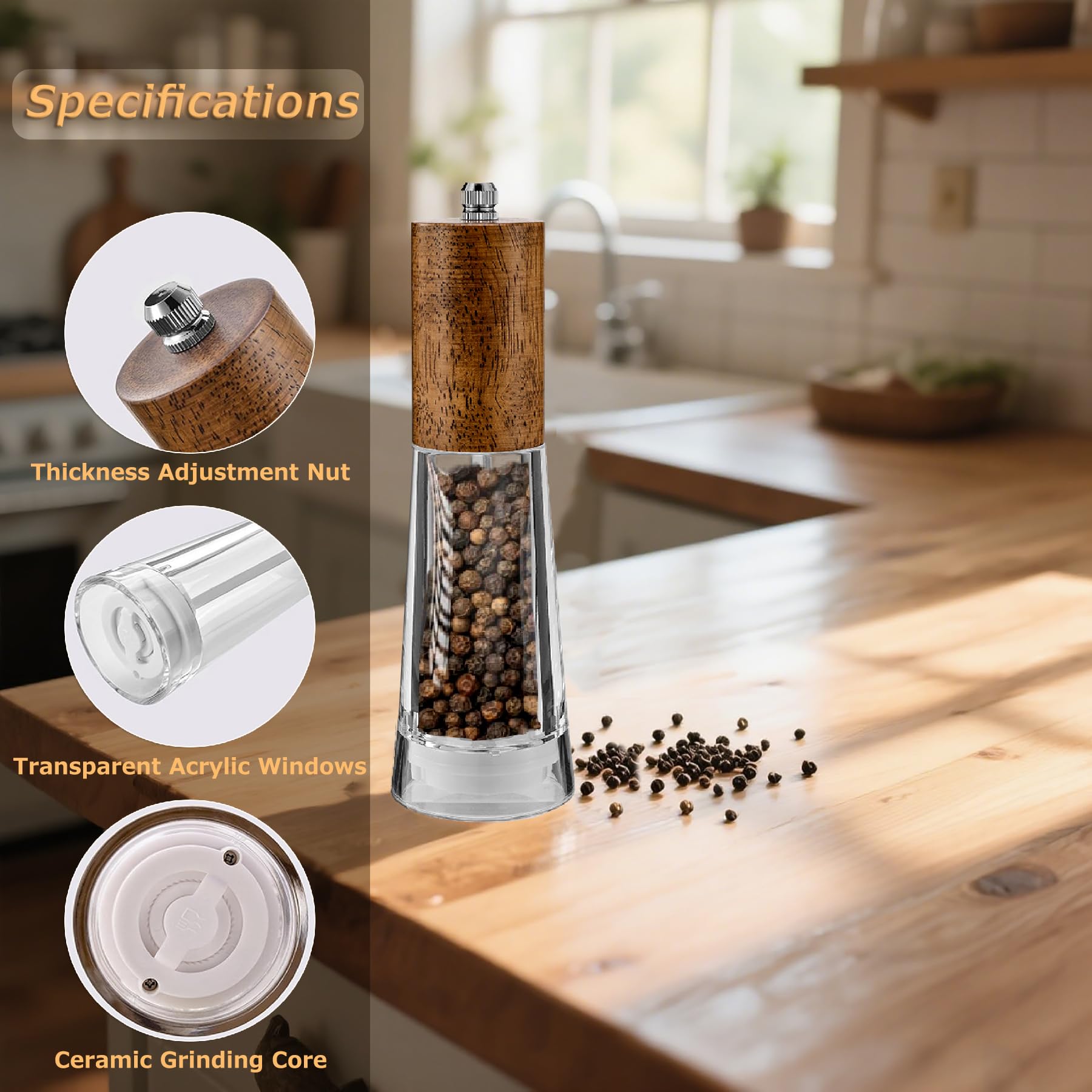 Acrylic Salt & Pepper Grinders - Adjustable Coarseness -3