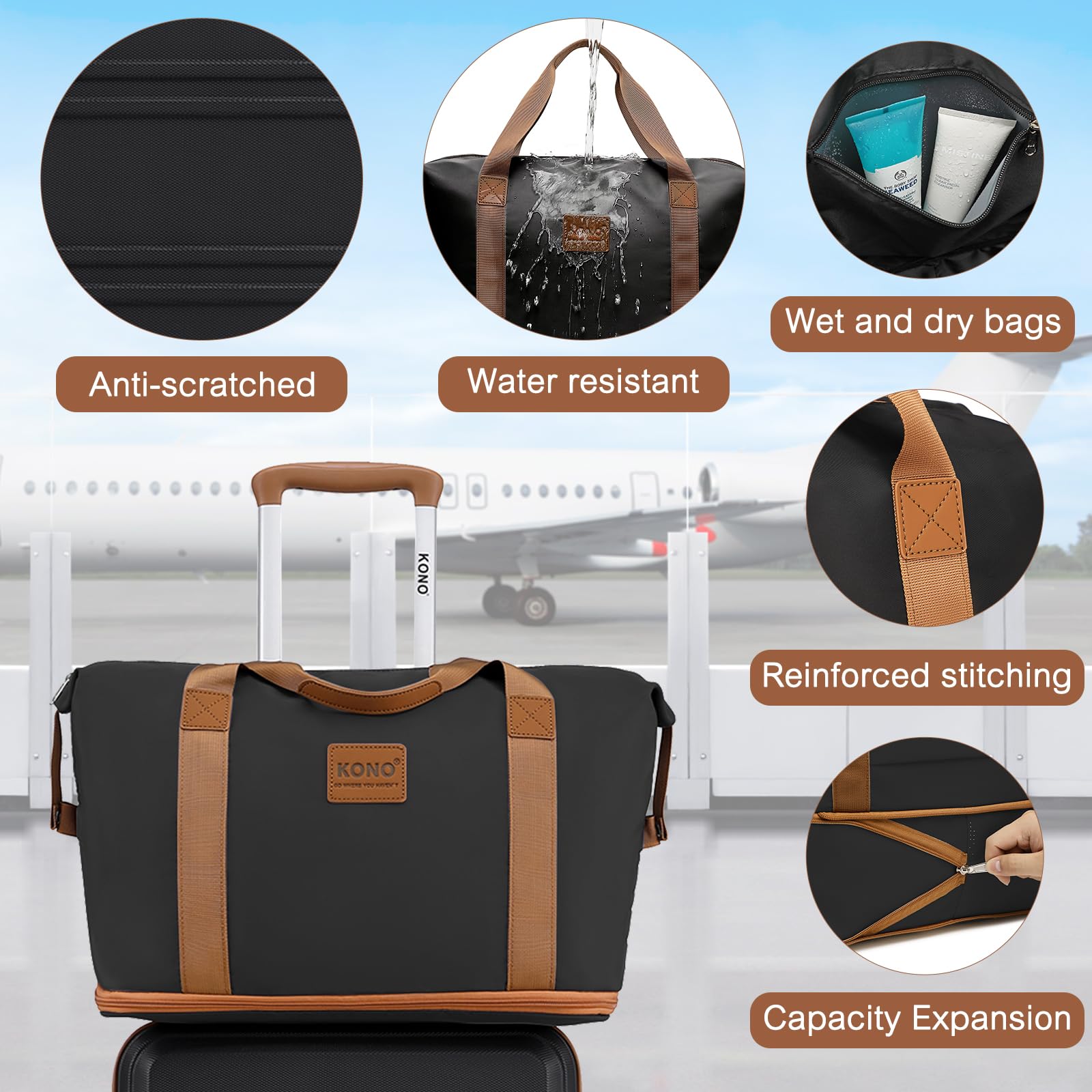 KONO Set di Valigie Trolley Rigido Bagaglio a Mano con 4 Ruote e Borsa da Toilette + Borsone da Viaggio Espandibile Palestra e Borsa da toilette, Nero/Marrone