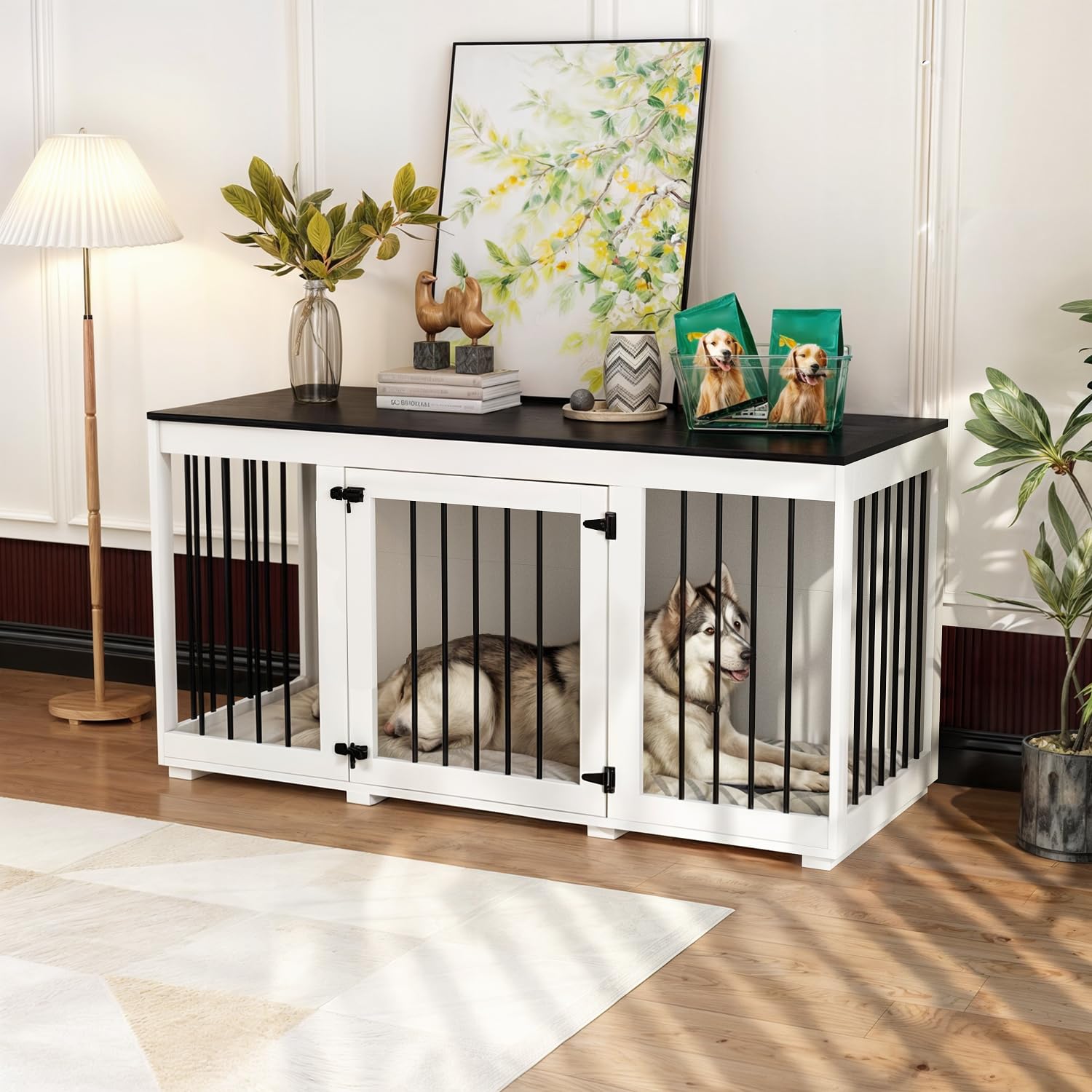 Cage Moderne pour Chien avec 1 Porte grillagée,Niche pour Chien en MDF et métal,Cage de Transport pour Animal Domestique, Respirante,Niche d'intérieur pour Moyenne,136.2x56.2x70cm