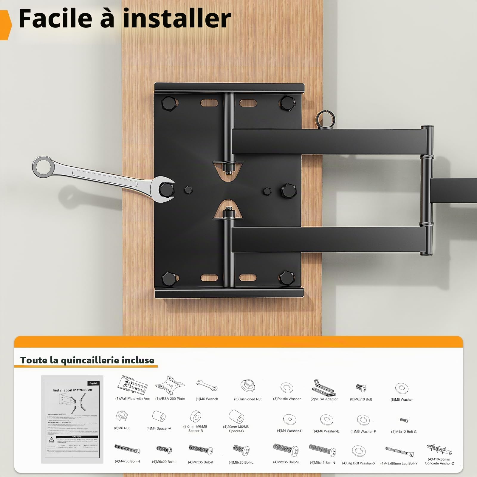 Support Mural TV 23-55 Pouces Jusqu'à 45KG | Support TV Mural Orientable Inclinable et Orientable, VESA 400x400