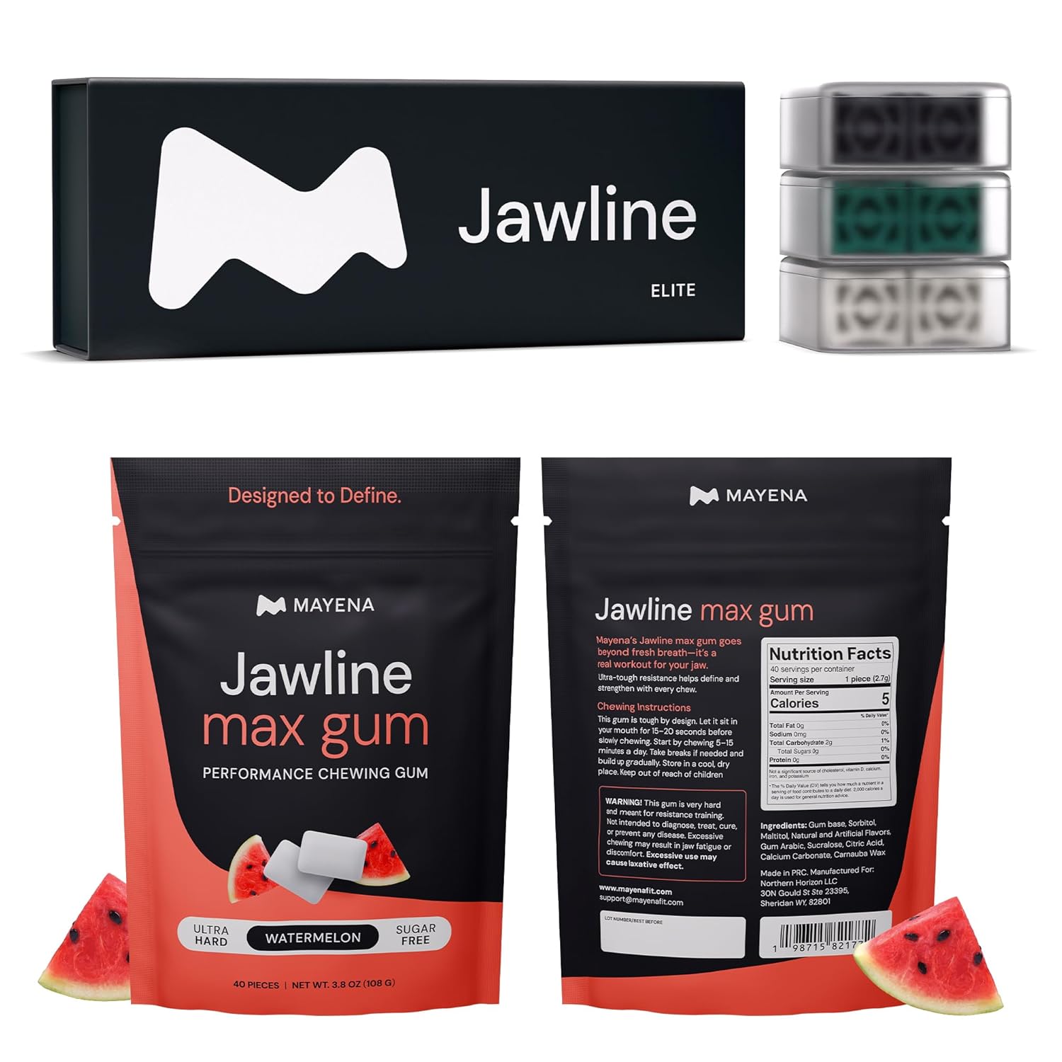 Mayena Ultimate Bundle | Jaw Exerciser Elite Set (Heavy Duty / 3 Resistance Levels) & Jawline Max Gum (Watermelon / 40 pcs) | Complete Product Line for Advance Users to Strengthen the