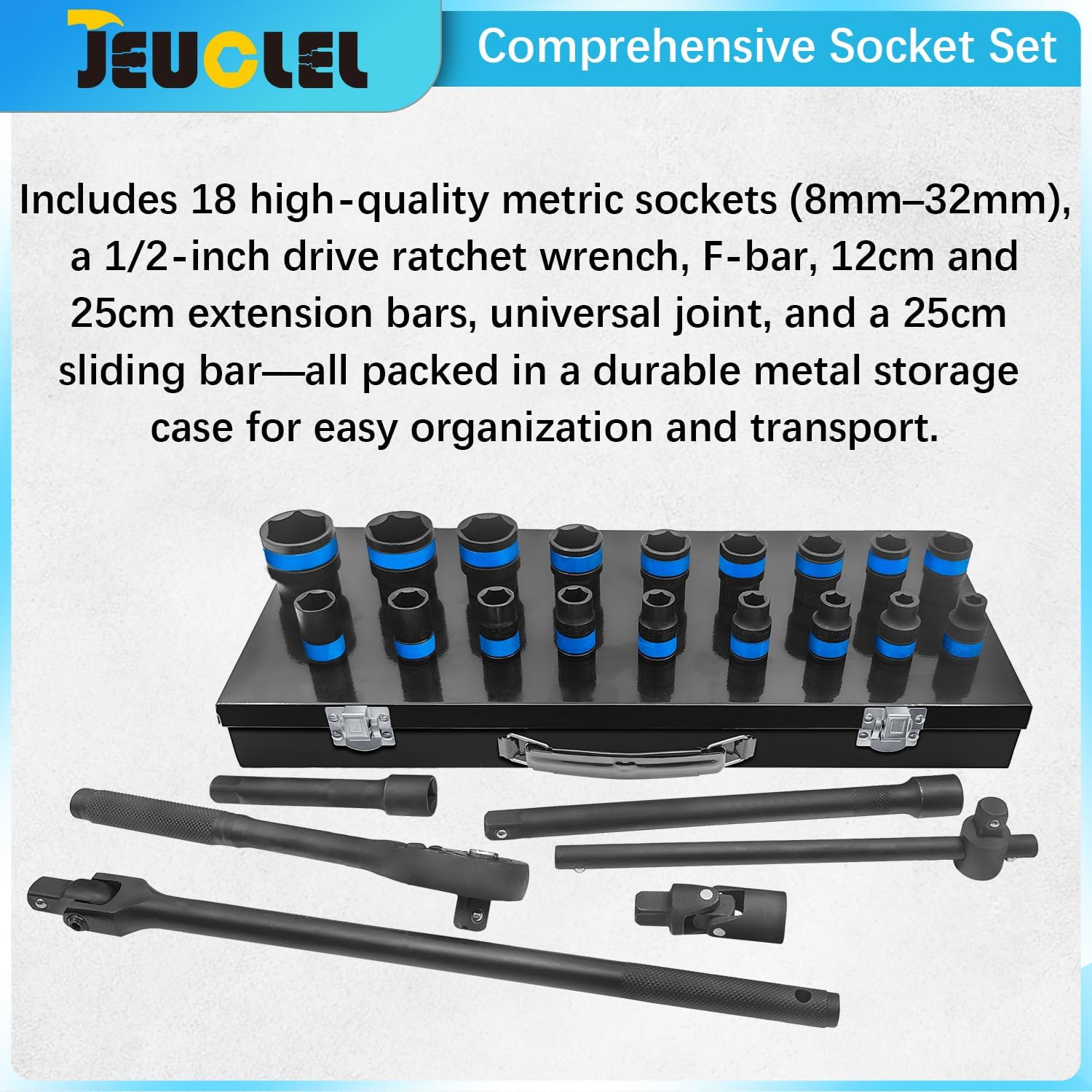 24 Pcs Metric 1/2 Inch Drive 6-Point Standard 8-32mm Socket Ratchet Wrench Set, Short & Long Air Pneumatic Sockets Spanner for Automotive Repairs Machinery Maintenance Household Maintenance