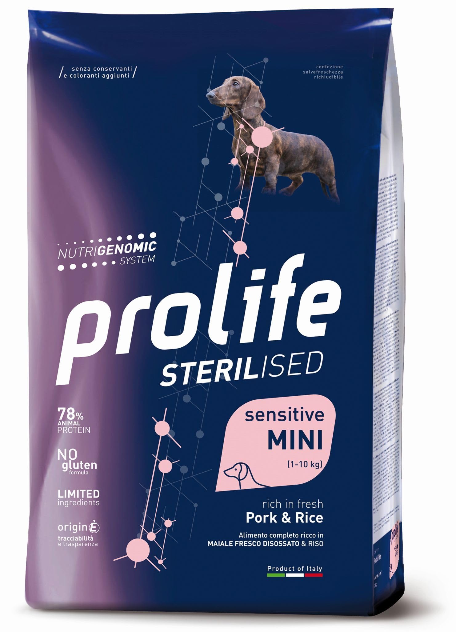PROLIFE Cane Sterilised Sensitive Adult Pork & Rice - Mini | alimento secco completo per cani adulti sterilizzati e/o sensibili di taglia piccola, prodotto senza glutine, 1 confezione da 7kg.