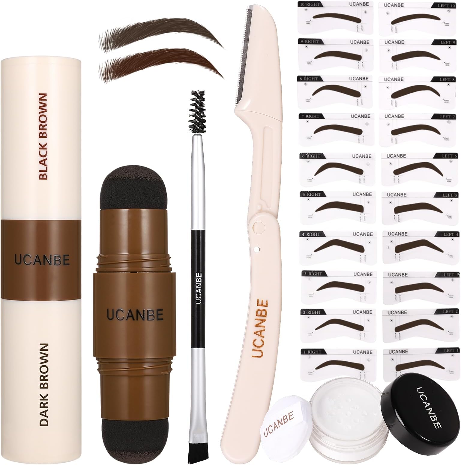 UCANBE 25PCS Eyebrow Stamp Stencil Kit With Dual-Color Eyebrow Stamp Pomade,20 Reusable Eyebrow Stencils,Finising Powder,Brush,Eyebrow Razor,Zipper Pouch,Waterproof Eye Brow Stamping and Shaping Kit04
